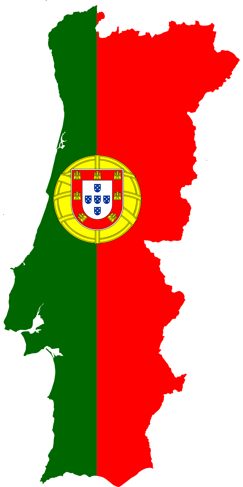 Map of mainland Portugal in the colours of the Portuguese flag